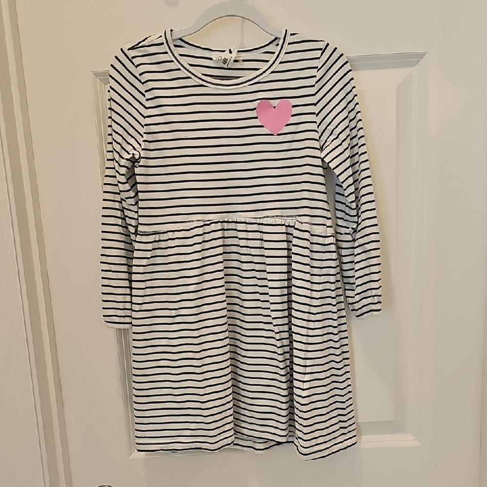 Cotton On Black and White Striped Kids Dress with Pink Heart